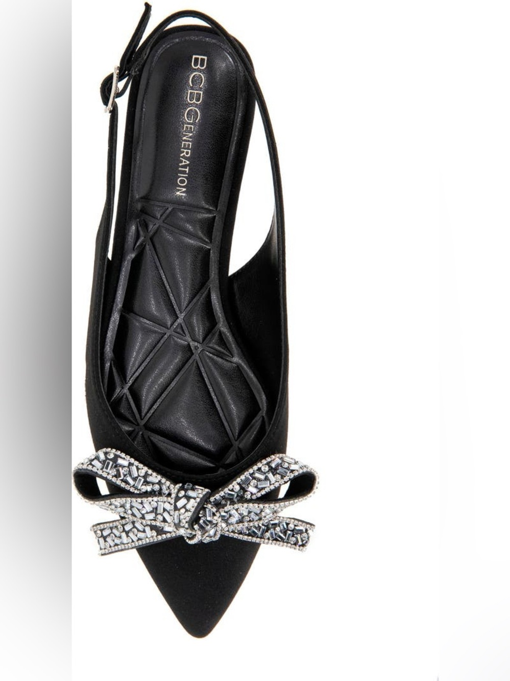 BCBGeneration Black Pointed Slingback Flats with Crystal Bow